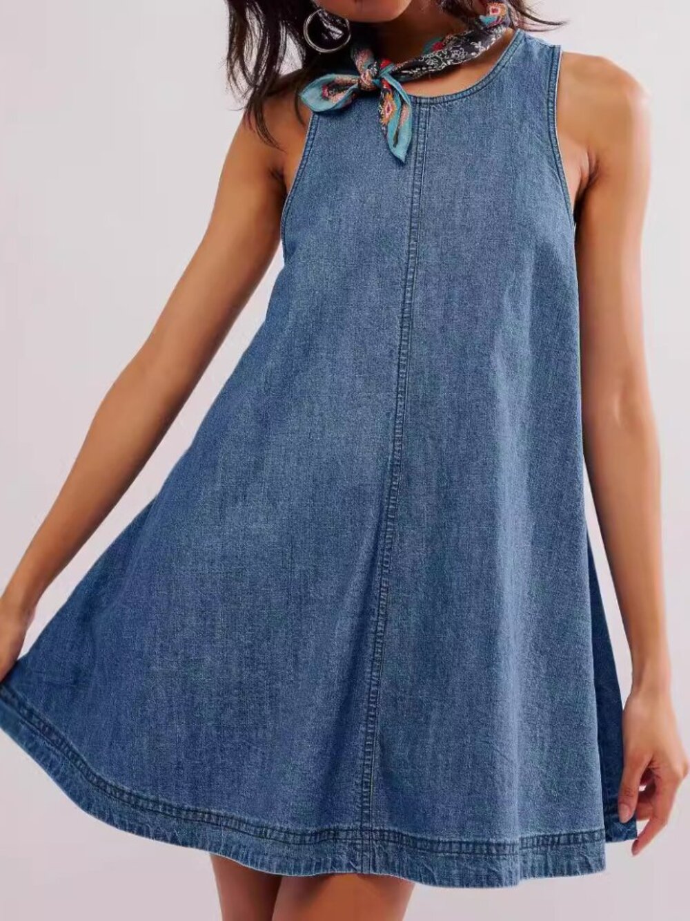 Women's Sleeveless Denim Mini Dress L – Casual Cotton Jean Dress